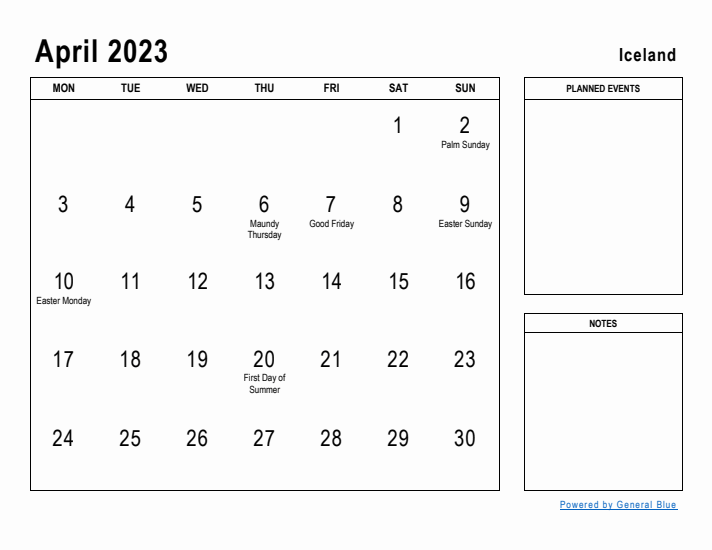 April 2023 Printable Monthly Calendar with Iceland Holidays