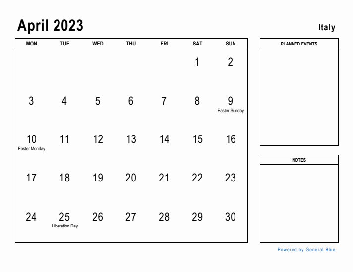 April 2023 Printable Monthly Calendar with Italy Holidays