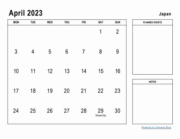 April 2023 Printable Monthly Calendar with Japan Holidays