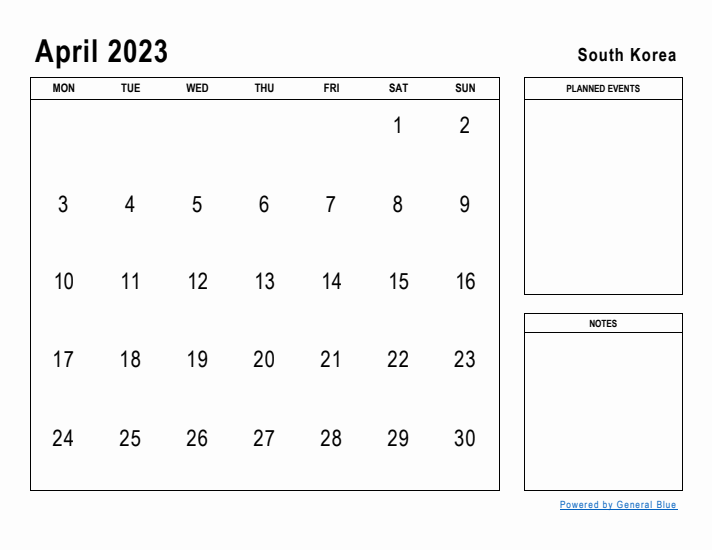 April 2023 Printable Monthly Calendar with South Korea Holidays