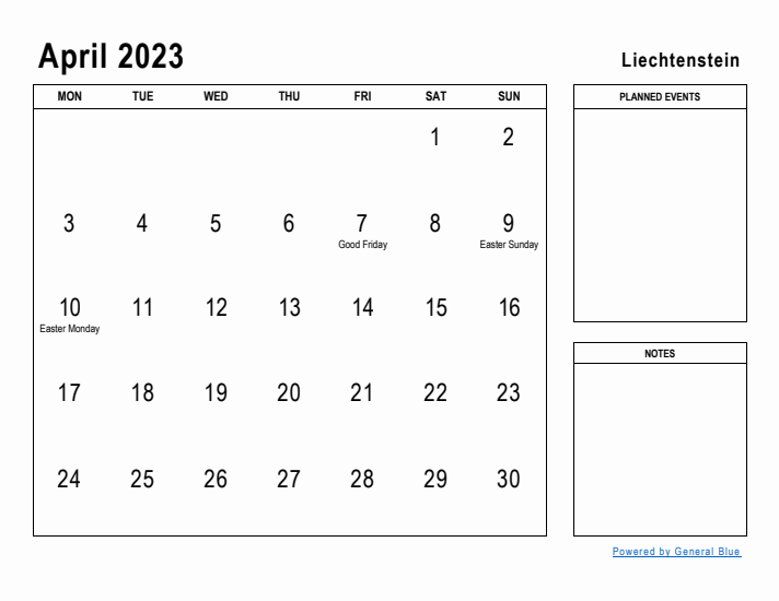 April 2023 Printable Monthly Calendar with Liechtenstein Holidays