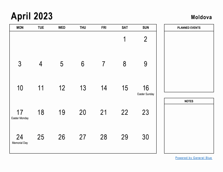 April 2023 Printable Monthly Calendar with Moldova Holidays