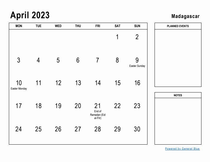 April 2023 Printable Monthly Calendar with Madagascar Holidays