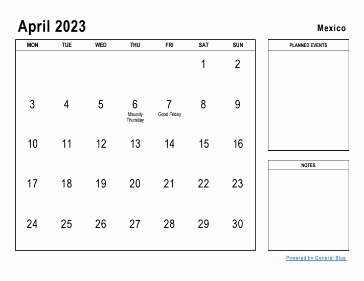 April 2023 Printable Monthly Calendar with Mexico Holidays