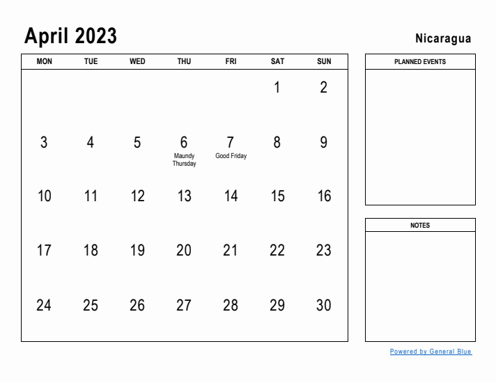 April 2023 Printable Monthly Calendar with Nicaragua Holidays