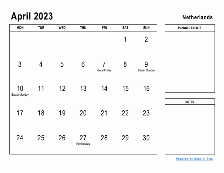 April 2023 Printable Monthly Calendar with The Netherlands Holidays