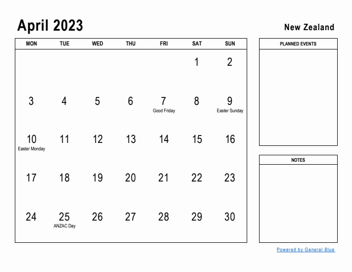 April 2023 Printable Monthly Calendar with New Zealand Holidays