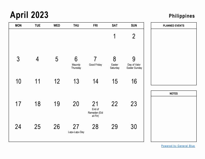 April 2023 Printable Monthly Calendar with Philippines Holidays