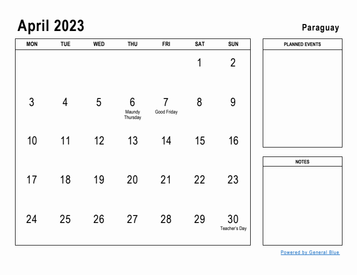 April 2023 Printable Monthly Calendar with Paraguay Holidays