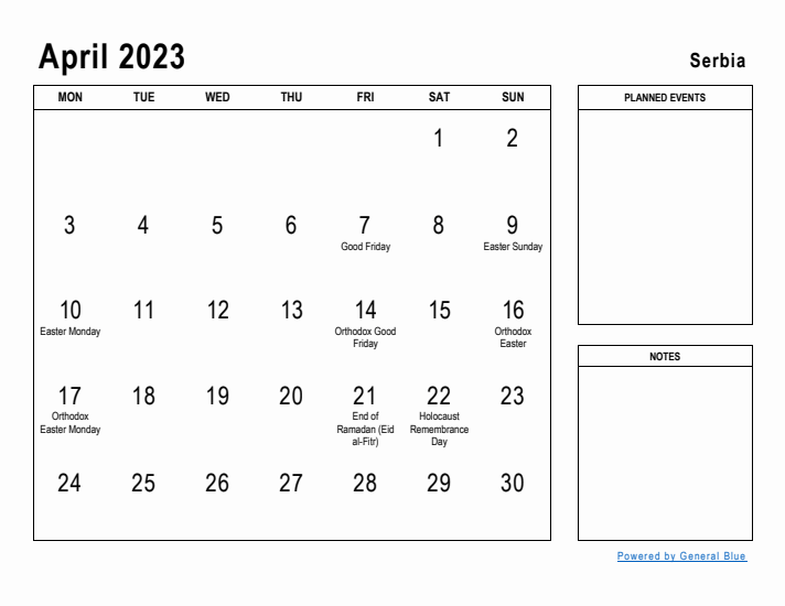 April 2023 Printable Monthly Calendar with Serbia Holidays