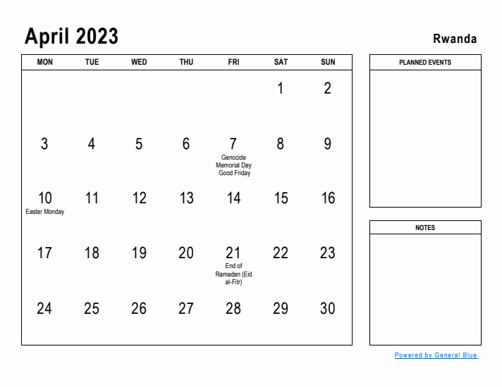 April 2023 Printable Monthly Calendar with Rwanda Holidays