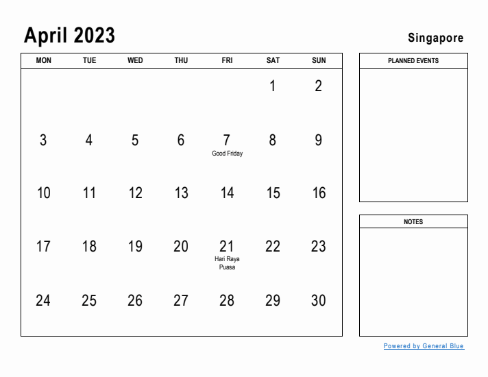 April 2023 Printable Monthly Calendar with Singapore Holidays