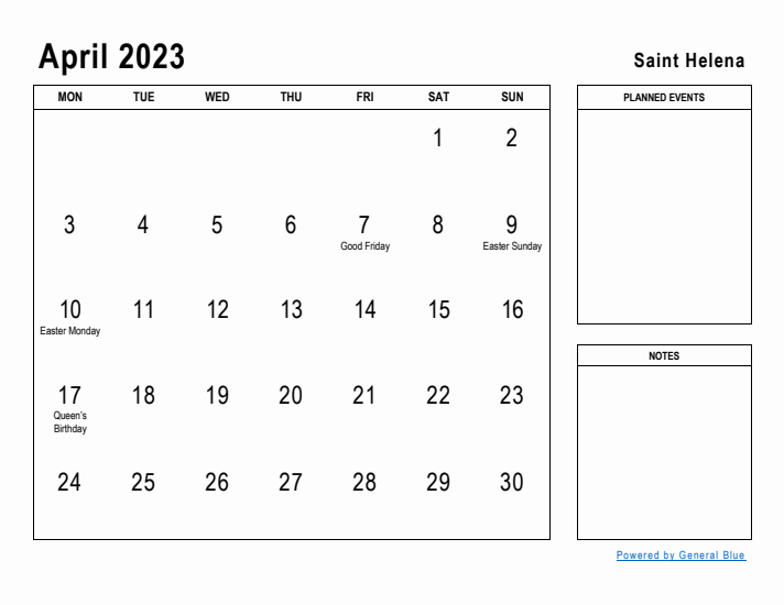 April 2023 Printable Monthly Calendar with Saint Helena Holidays