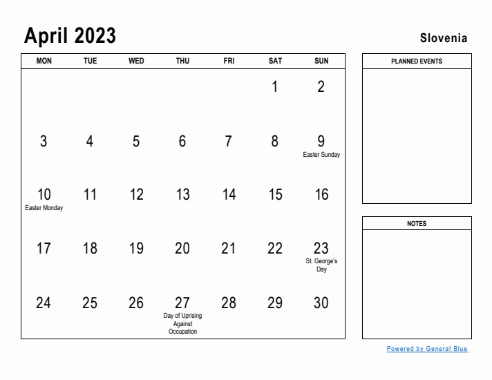 April 2023 Printable Monthly Calendar with Slovenia Holidays