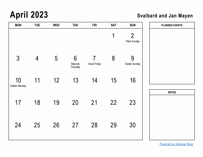 April 2023 Printable Monthly Calendar with Svalbard and Jan Mayen Holidays