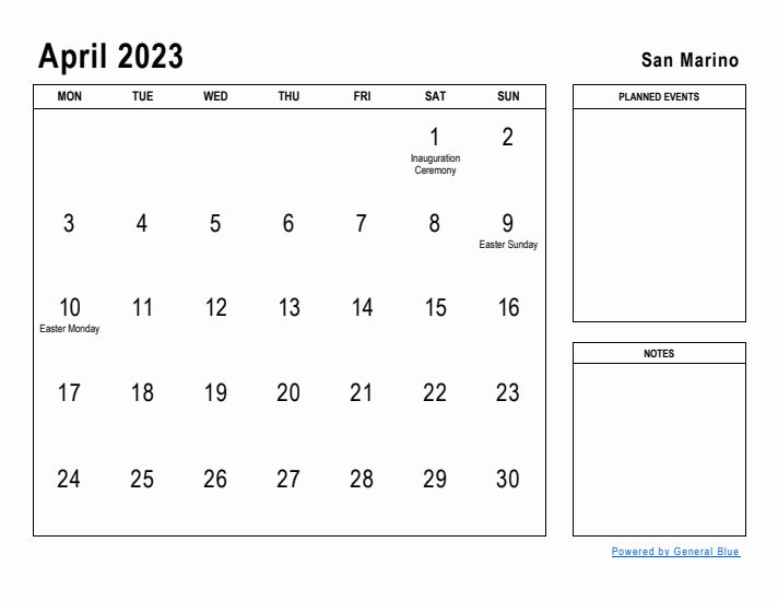 April 2023 Printable Monthly Calendar with San Marino Holidays