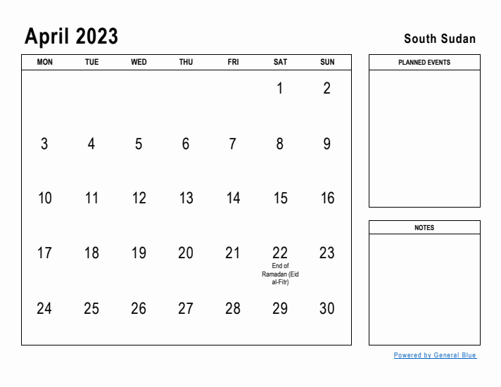 April 2023 Printable Monthly Calendar with South Sudan Holidays