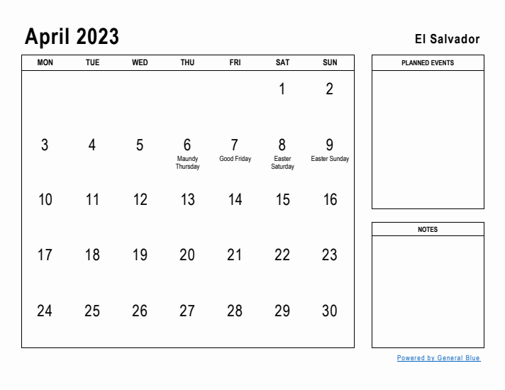 April 2023 Printable Monthly Calendar with El Salvador Holidays