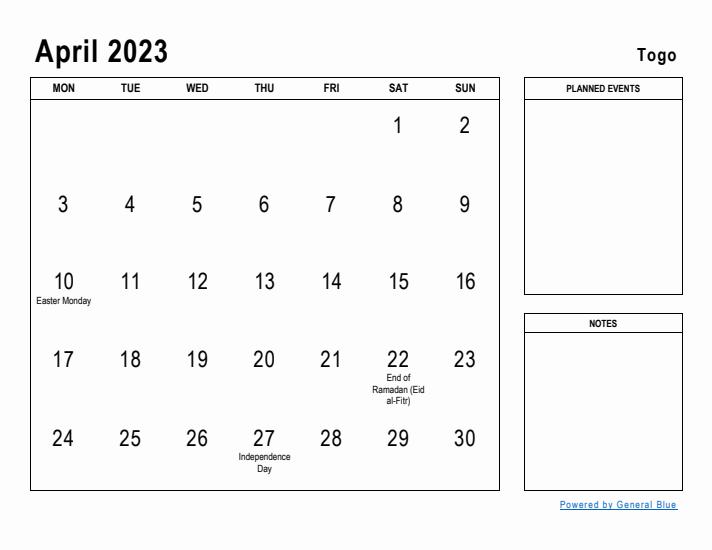 April 2023 Printable Monthly Calendar with Togo Holidays