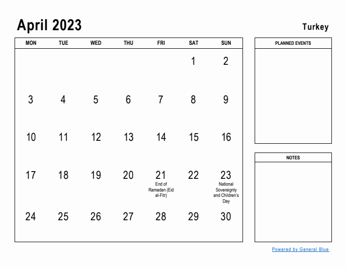 April 2023 Printable Monthly Calendar with Turkey Holidays