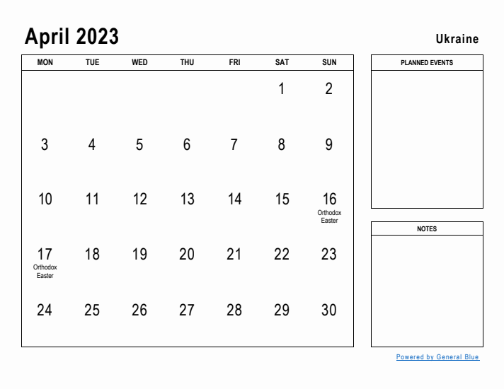 April 2023 Printable Monthly Calendar with Ukraine Holidays