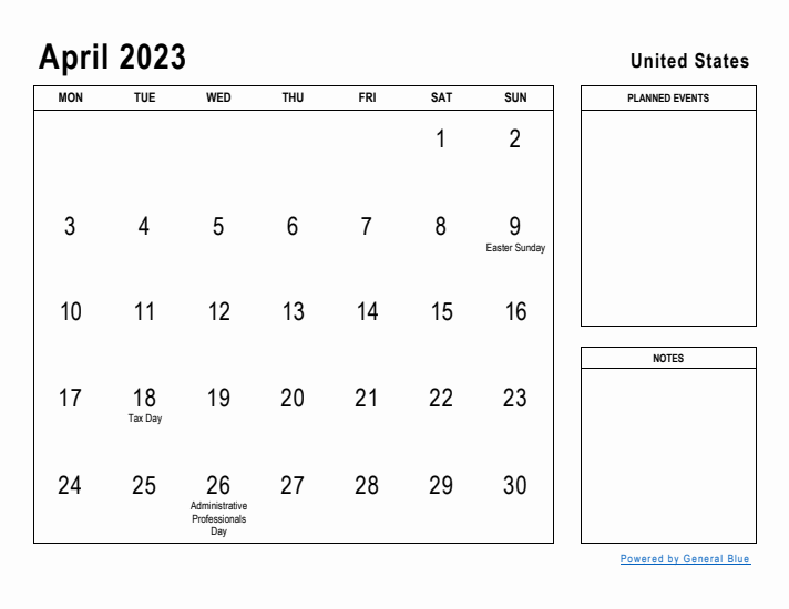 April 2023 Printable Monthly Calendar with United States Holidays