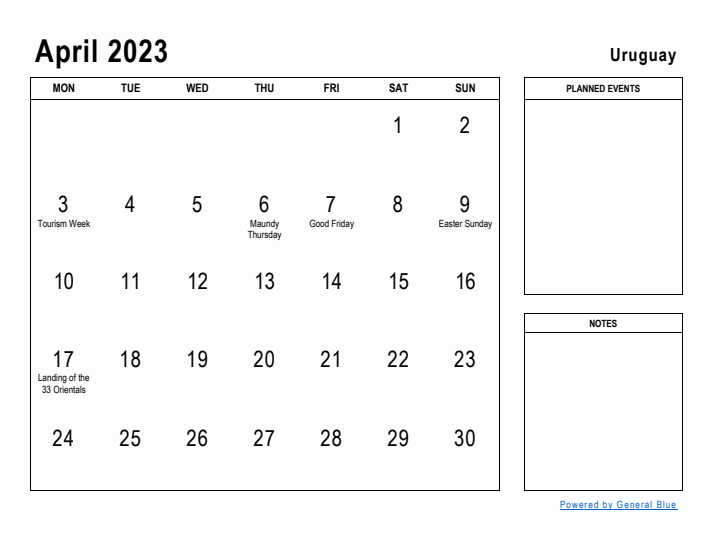 April 2023 Printable Monthly Calendar with Uruguay Holidays