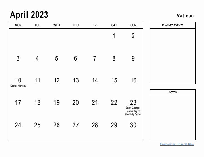 April 2023 Printable Monthly Calendar with Vatican Holidays