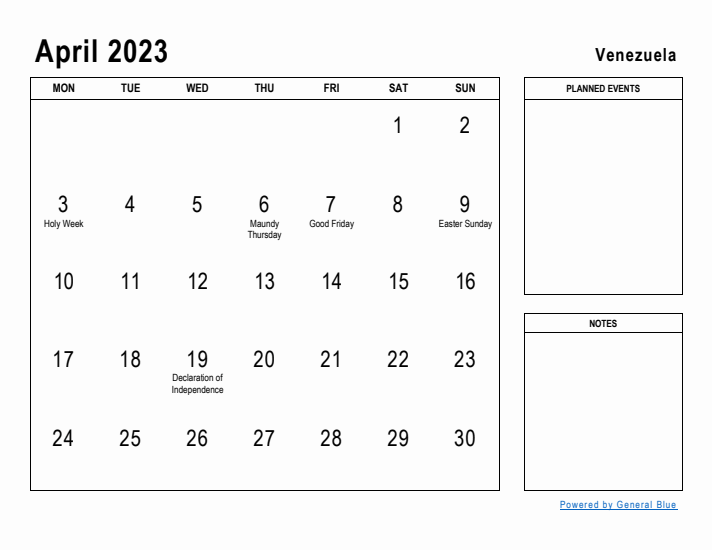 April 2023 Printable Monthly Calendar with Venezuela Holidays