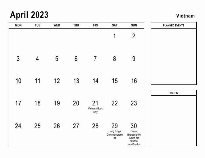 April 2023 Printable Monthly Calendar with Vietnam Holidays