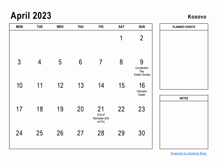 April 2023 Printable Monthly Calendar with Kosovo Holidays