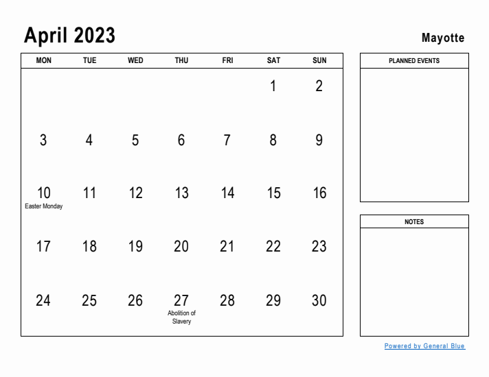 April 2023 Printable Monthly Calendar with Mayotte Holidays