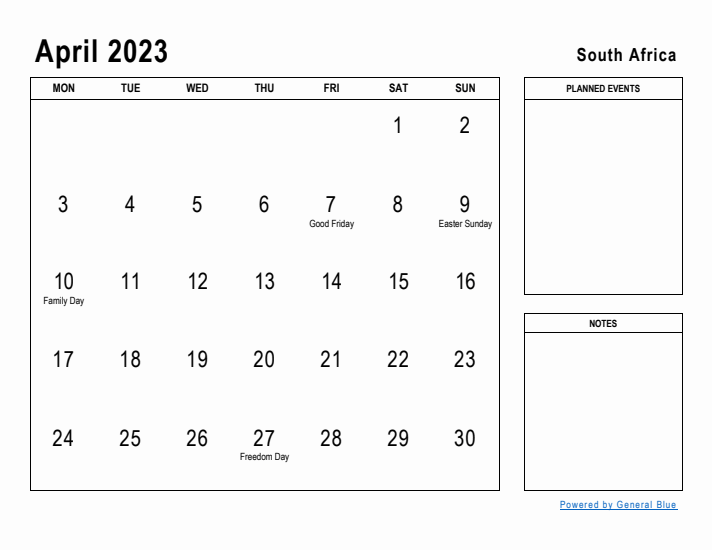 April 2023 Printable Monthly Calendar with South Africa Holidays