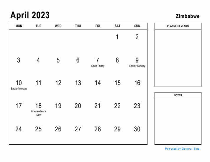 April 2023 Printable Monthly Calendar with Zimbabwe Holidays