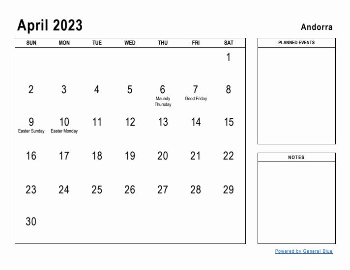 April 2023 Printable Monthly Calendar with Andorra Holidays