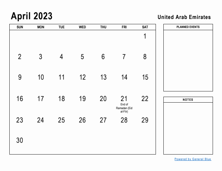 April 2023 Printable Monthly Calendar with United Arab Emirates Holidays