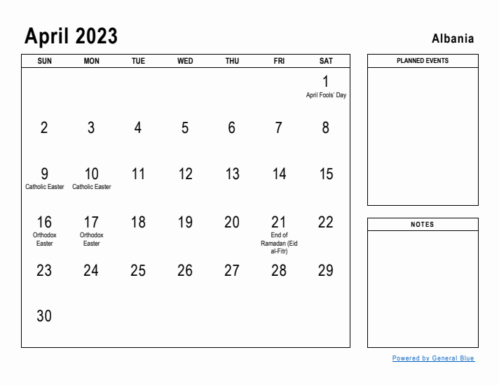 April 2023 Printable Monthly Calendar with Albania Holidays