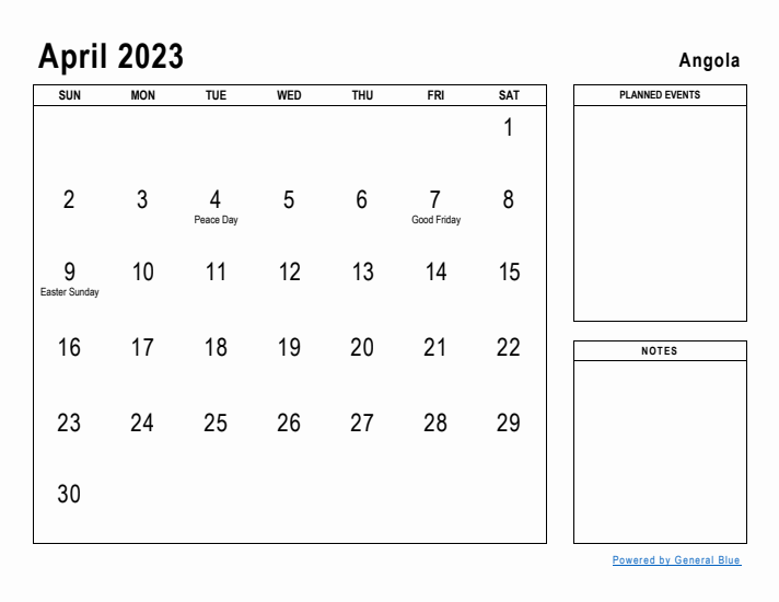 April 2023 Printable Monthly Calendar with Angola Holidays