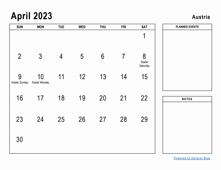 April 2023 Printable Monthly Calendar with Austria Holidays