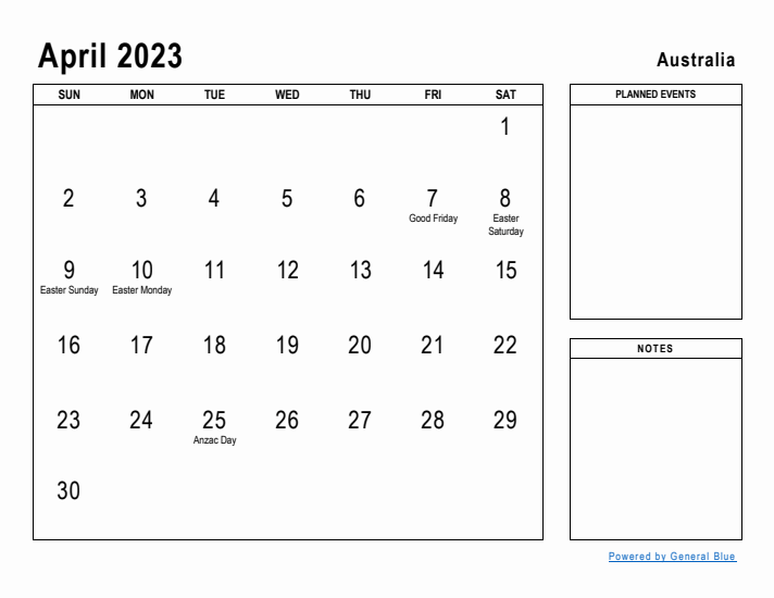 April 2023 Printable Monthly Calendar with Australia Holidays