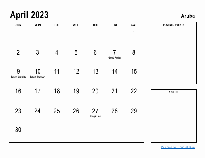 April 2023 Printable Monthly Calendar with Aruba Holidays