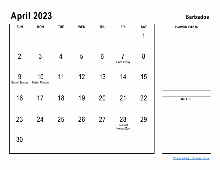 April 2023 Printable Monthly Calendar with Barbados Holidays