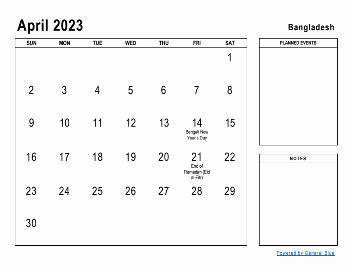 April 2023 Printable Monthly Calendar with Bangladesh Holidays