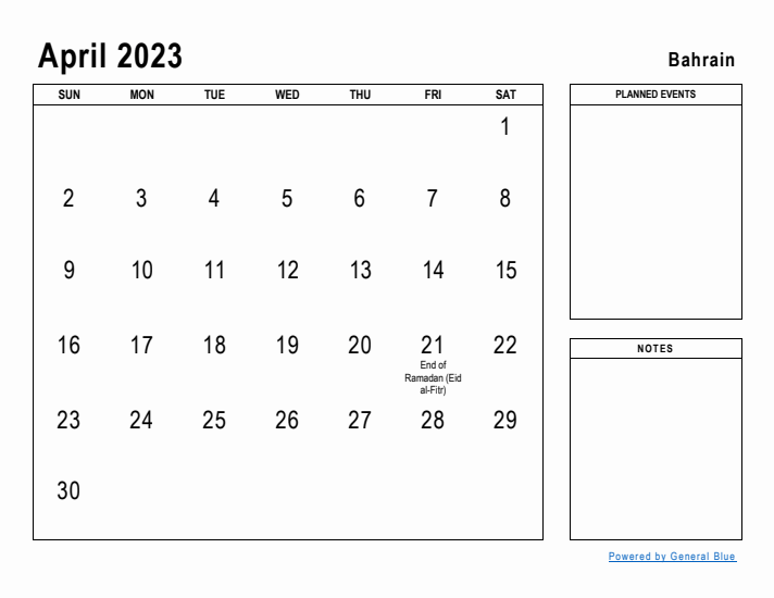 April 2023 Printable Monthly Calendar with Bahrain Holidays