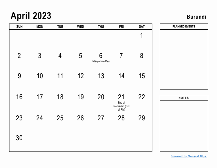 April 2023 Printable Monthly Calendar with Burundi Holidays