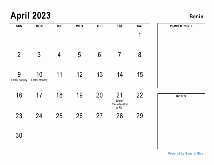 April 2023 Printable Monthly Calendar with Benin Holidays