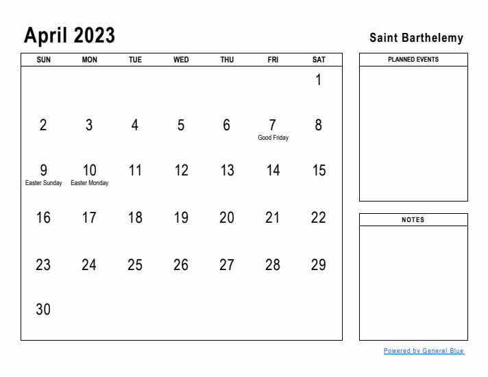 April 2023 Printable Monthly Calendar with Saint Barthelemy Holidays