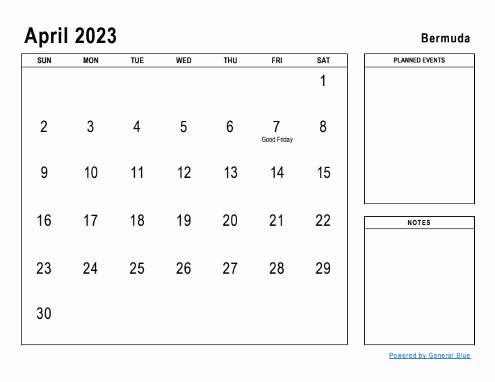 April 2023 Printable Monthly Calendar with Bermuda Holidays