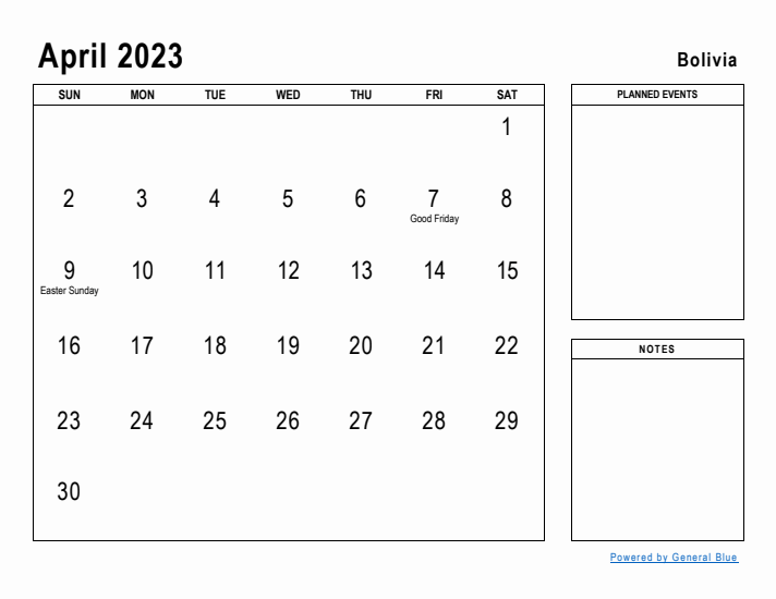 April 2023 Printable Monthly Calendar with Bolivia Holidays