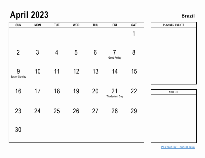 April 2023 Printable Monthly Calendar with Brazil Holidays